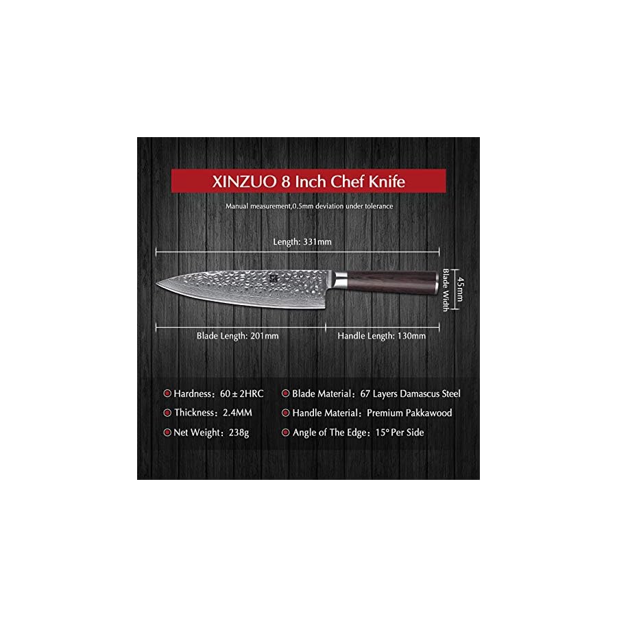 XINZUO 8 Inch Hammered Damascus Chef Knife,67 Layers Damascus Steel Kitchen Knife,Professional Japenese Chef Knife with Gift Box, Dark Brown Pakkawood Handle, Razor Sharp-He Series