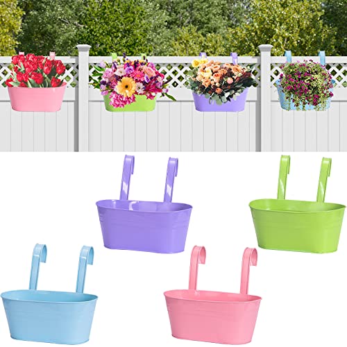4 Pack Metal Hanging Planters For Railing Balcony Multicolor Hanging Flower Pot With Detachable Hooks For Deck Fence Metal Wall Planter Hanging Buckets For Herb Plants Indoor Outdoor Garden Decor #TOP9