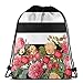Produktbild OPLKJ Kordelzug Rucksack Tasche, Schwarz-Weiß-Streifen mit Floral Gym Bag Tragbare Sackpack Aufbewahrungstasche für Camping Wandern Schwimmen Einkaufen Wandern Travel Beach