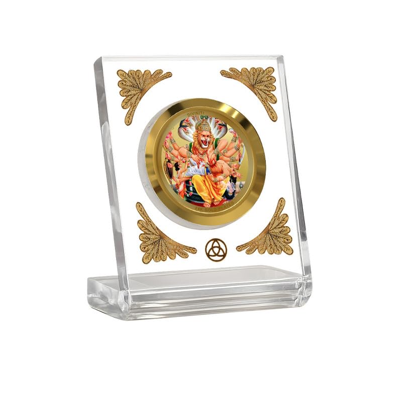 Image of DIVINITI 24K Gold Plated Lord Narasimha Acrylic Frame for Car Dashboard, Home Temple & Office Table | Premium Spiritual Gift, Blessings for Protection & Positivity, 8x7 cm Decorative Showpiece