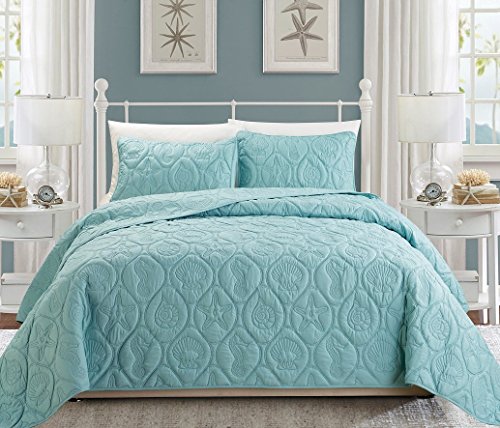 Grand Linen 3-Piece Tropical Coast Seashell Beach Queen/Full Bedspread Spa Blue Coverlet Embossed Bed Cover Set. Sea Shells, Sea Horse, Starfish etc.