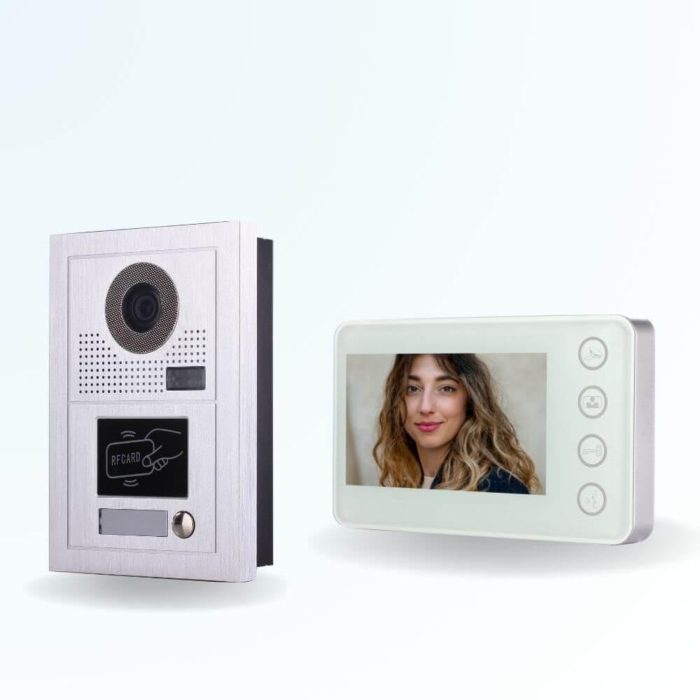 Portier interphone vidéo Modern 2 Fils pour 2 entrées - 1 Appartement - 2 platines - 1 écran Blanc - avec Lecteur de Badge