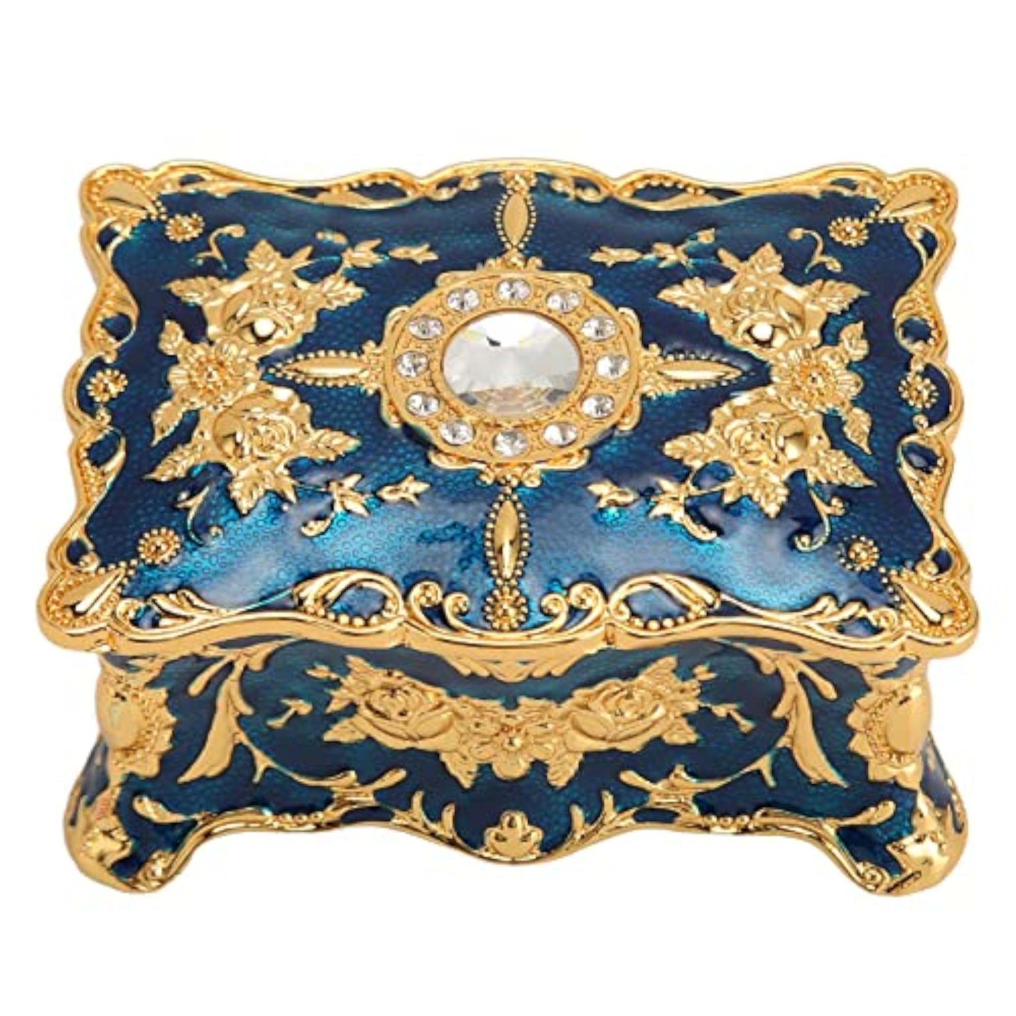 Exquisite Vintage Hand Carved Jewelry Box, Golden Blue