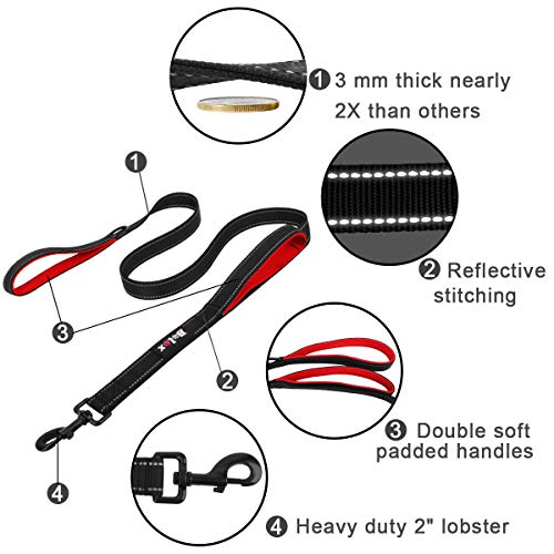 Bolux 6ft Dog Leash, Pet Lead Leash with 2 Padded Handle, Heavy Duty Rope Leash with 3M Reflective, Double Handles Training Leash for Traffic Control Safety, Perfect for Small Medium Large Dogs