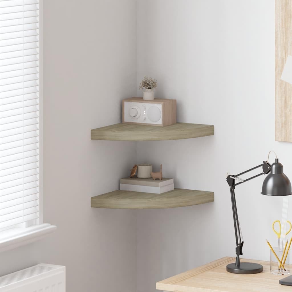 Floating Corner Shelf Set of 2, Honeycomb MDF Wood, 13.8x13.8 Inch Wall Mounted Ledge Shelves for Living Room, Bedroom, Bathroom Decor, Matte Finish