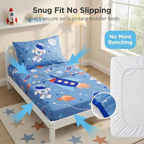 Image of EVERYDAY KIDS 4 Piece Toddler Bedding Set - Outer Space Adventures - Includes Comforter, Flat Sheet, Fitted Sheet and Reversible Pillowcase