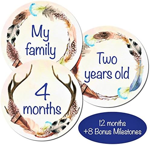 Baby Monthly Milestone Stickers, Birth to 12 Months + 7 Bonus Non Toxic Stickers for Newborn, 20 4" Premium Stickers for First Year, Woodland, Feather, Unique Baby Shower Gift