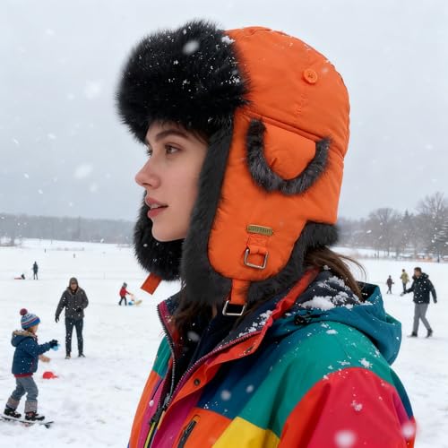 Image of Winter Trapper Hat for Men Women Warm Soft Russian Ushanka Hat Real Rabbit Fur Aviator Bomber Hats Winter Hats with Ear Flaps