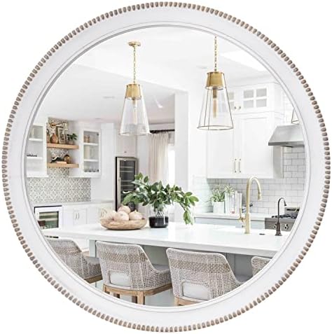 sawsile Wood Circle Mirror, Rustic Farmhouse Wall Mirror 28 inch Round Morden Decoration Wood Large Mirror White Accent Mirror for Bedroom,Living Room