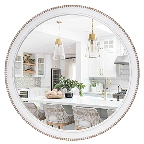 Sawsile Wood Circle Mirror, Rustic Farmhouse Wall Mirror 28 Inch Round Morden Decoration Wood Large Mirror White Accent Mirror For Bedroom,Living Room #TOP3