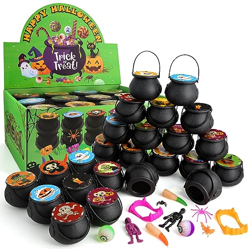 SURCVIO 168 PCS Halloween Party Favors 24 Pack Prefilled Small Plastic Witch Cauldron Halloween Toys in Bulk Halloween Prizes Gifts Miniatures for Kids Trick or Treat