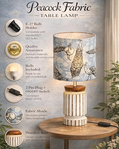 Image of Homesake Retro Farmhouse Table Lamp for Living Room Bedroom Rustic Linen Bedside Nightstand Lamps for Kids Room Study Office Wood, Carved Cylinder, (Peacock and Fowl)