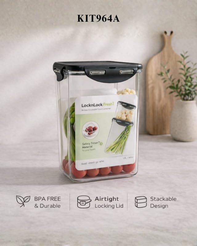 Image of LocknLock Bisfree Modular Storage Container Setof 2 (1000ml + 1800ml) | Stackable Airtight Food Containers | Microwave, Freezer & Dishwasher Safe | BPA Free Kitchen Storage Boxes