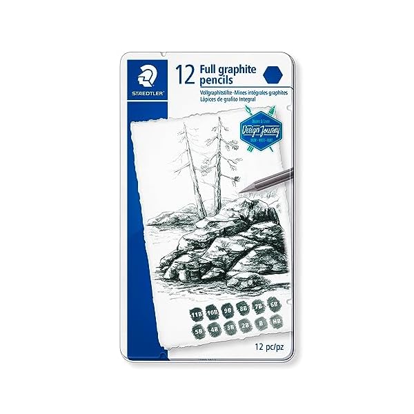 Staedtler full graphite pencil Design Journey, metallic lustre in a wide variety of grey tones, 12 full graphite pencils in assorted degrees in metal case, 100G M12
