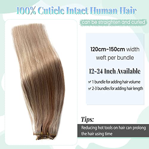 Image of Sew in Weft Hair Extensions Real Human Hair, Golden Brown and Blonde Mixed Weft Hair Extensions Human Hair, 12 Inch 80G Hand Tied Wefts Hair Extension Human Hair Bundles Sew in Extensions for Women