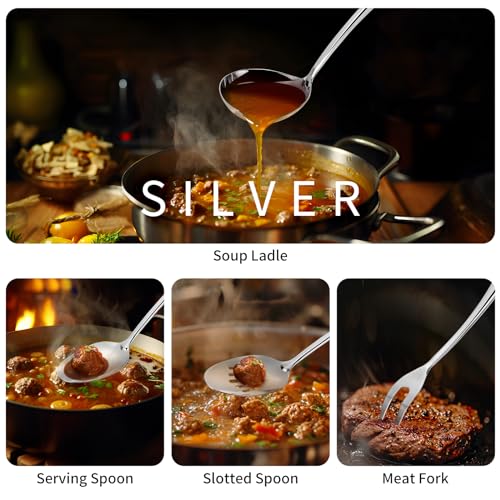 304 Stainlss Steel Kitchen Utensils Set, 11 Pcs Long Metal Cooking Utensil Gadgets Tools Set with Spatula, Spoon, Ladle, Skimmer, Turner, Pasta Server, Tongs(Mirror Polished, Dishwasher Safe) by Lazycorner - Image 4
