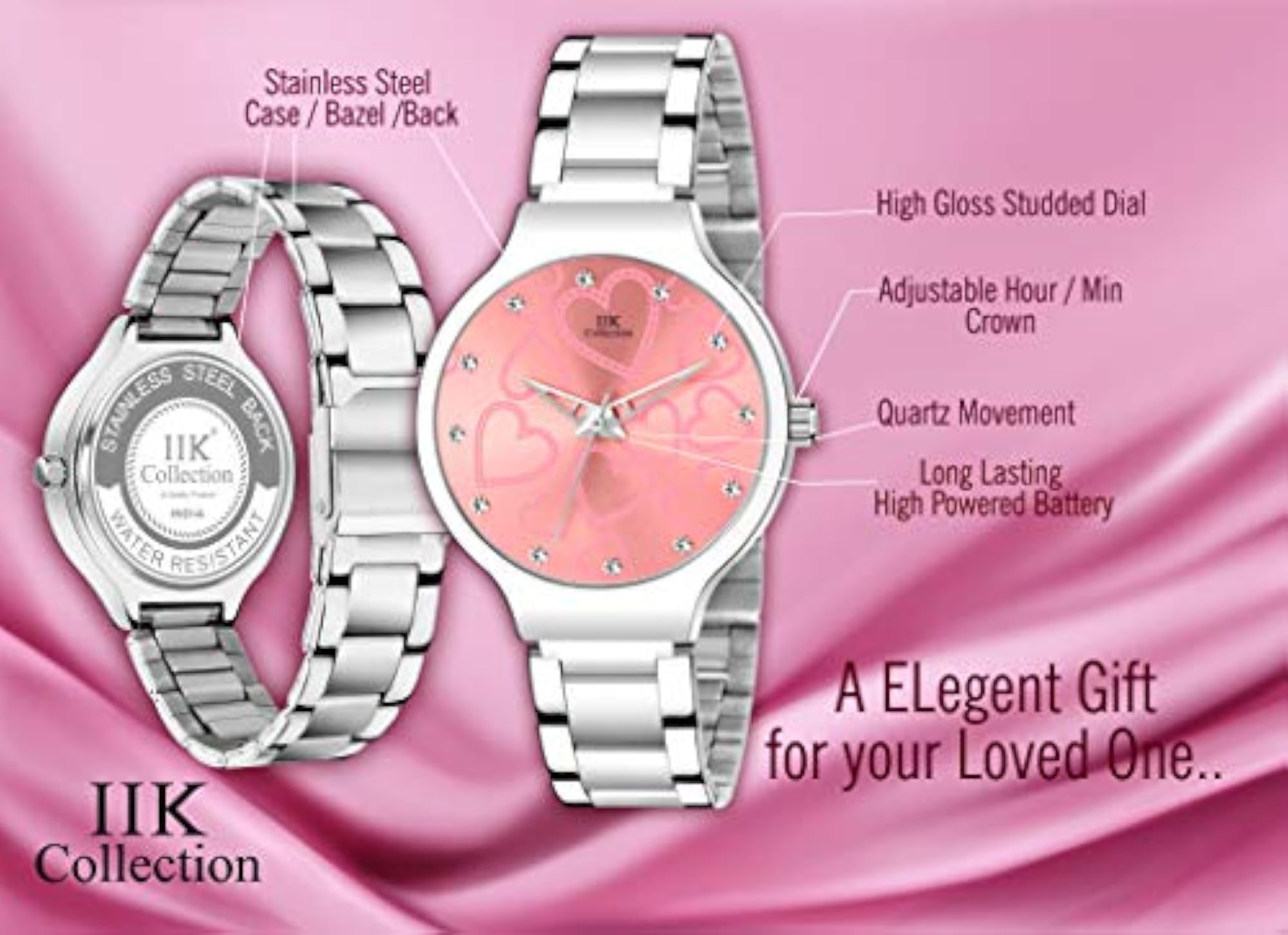Women's Analogue Pink Dial Silver Bracelet Watch