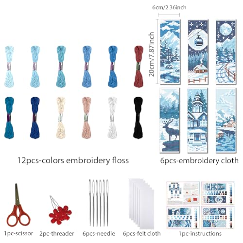 Image of FREEBLOSS 6pcs Cross Stitch Bookmark Kit for Adult Beginners Stamped Snow Scenery Cross Stitch Kits Embroidery Bookmarks Craft Kit with Instructions for Gift 11CT 8 inchx2.4 inch