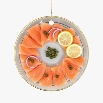Christmas Ornament of Smoked Salmon Lox Fish Platter Nordic Cuisine Food Themed Ceramic Foodie Lovers Novelty Holiday Xmas Ornaments Decor Flat Design, NOT 3D
