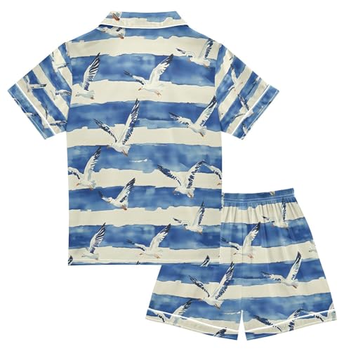 senya Seagull and Wave O Satin Summer Pajama Sets Silk Short Sleeve Button Down Sleepwear2