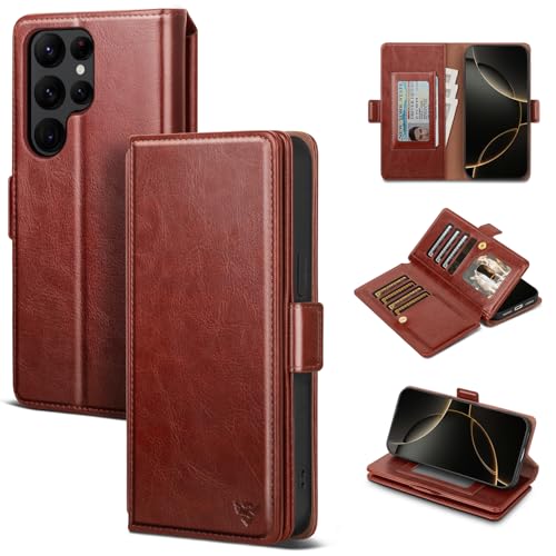 HawkBox Compatible with Samsung Galaxy S23 Ultra Case Wallet with Card Holder Women Men RFID Blocking PU Leather Phone Case Flip Shockproof Protector Cover Credit Card Slot Kickstand Brown