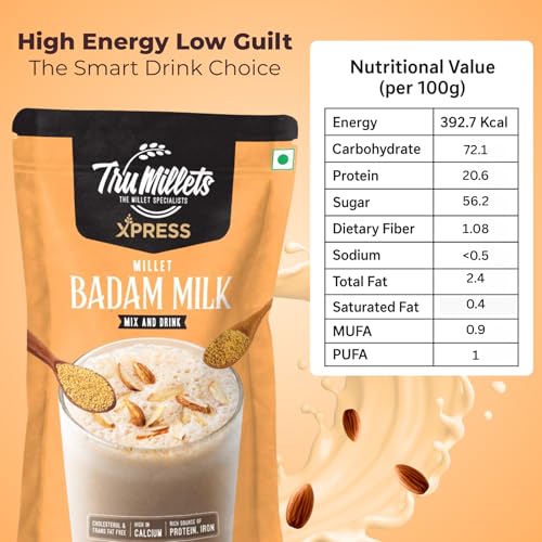 Image of Trumillets Xpress - Healthy Millet Drink - Instant Mix | Nutrition for Adults (Men & Women), Kids- Health, Strength and Energy| No Preservatives| Gluten Free| Popped Ragi Milk & Badam Milk (Pack of 2)