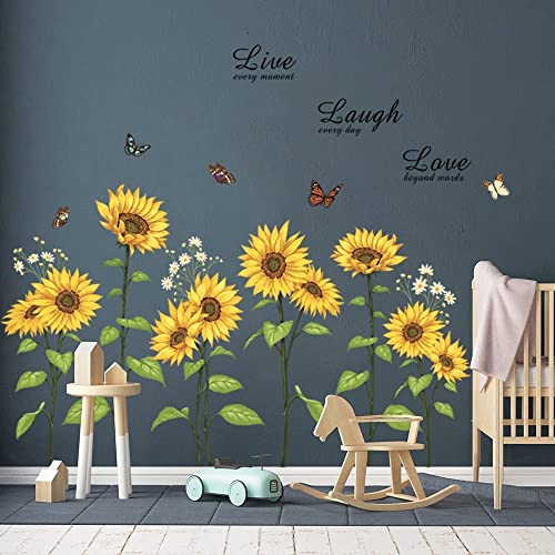 Runtoo Sunflower Butterfly Wall Art Stickers Flower Live Laugh Love Quotes Wall Decals Kids Bedroom Living Room Nursery Wall Decor