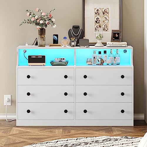 image for DICTAC LED Dresser for Bedroom, 6 Drawer Double Dresser with Charging 