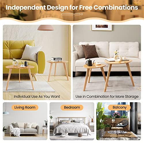 Costway Nesting Coffee Table Set Of 2, Solid Wood Sofa Side Table With Rubber Wood Legs, Triangle Center Cocktail Tea Table, Small End Table Set For Living Room, Bedroom, Office, Small Spaces, Natural #TOP7