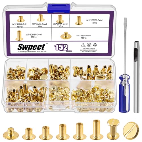 Swpeet 152 remaches de cuero con tornillo de oro M5x5mm, 6mm, 8mm, 10mm, 12mm, con punzón y destornillador, perno de doble cabeza redonda y plana para proceso de cuero DIY