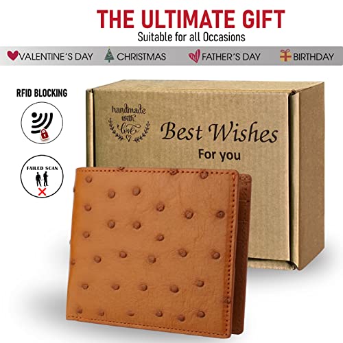 Image of Tan Ostrich Double Side Leather Bifold Wallet, RFID Blocking Mens Wallet