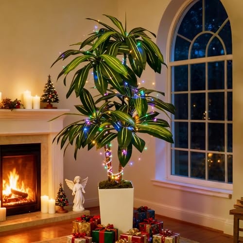 SJSCYD Artificial Dracaena Plant 5FT - Fake Tree with Tall Planter and Fairy Lights, Artificial Trees Faux Yucca Plants Indoor, Fake Plants for Home Office Living Room Decor Christmas