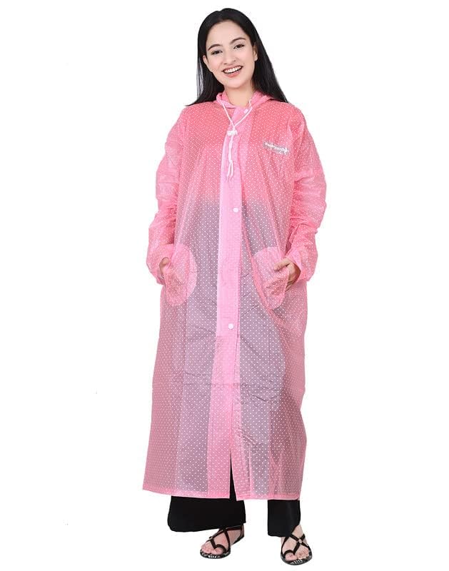 w+ Pink Women's Dotted Print Ladies Raincoat with Side Pocket, One-Piece Light Weight Raincoat (Medium)-picture-39