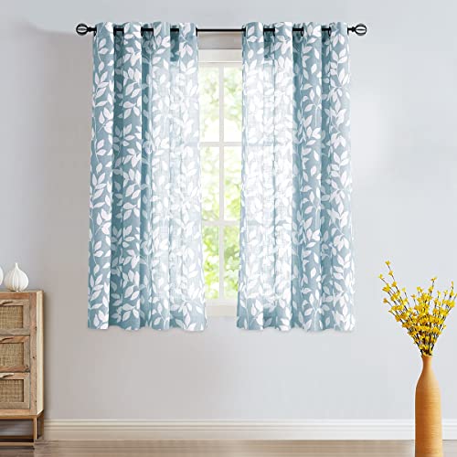 Image of Treatmentex Blue White Curtains for Living Room 63 inch Length Leaves Print Semi-Sheers Curtains for Windows, Grommet Top, 2 Pack