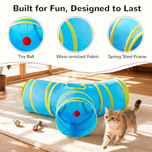 Image of Tempcore Cat Tunnel for Indoor Cats, 3 Way Collapsible Pet Play Tunnel with Teaser Wand, Peek Holes & Hanging Ball, Interactive Tube for Kittens & Rabbits, Blue & Yellow