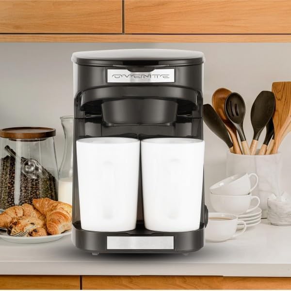 OVENTE Double Drip Coffee Maker with 2 Ceramic Mugs and Auto Shut Off, Small Dual Drip Coffee Maker Machine Works with Ground Coffee Only, Compact Kitchen or Office Essential, Black CMDD2MB