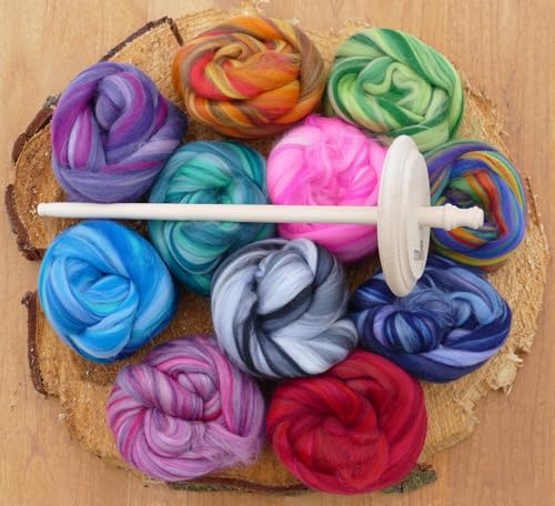 theofeel Handspindel Set – Holzspindel mit 250 g Kammzugwolle für Anfänger