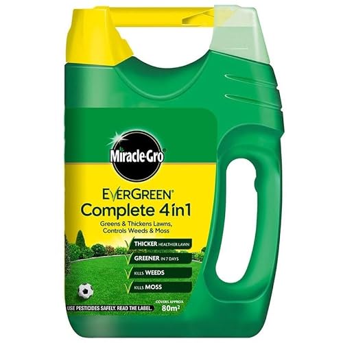 Image of MiracleGro Evergreen Complete 4-in-1 Spreader, 80m² Weed & Moss Killer, Lawn Fertiliser, Ideal for Healthy Grass, Trees, Shrubs & Bulbs, 1.5kg