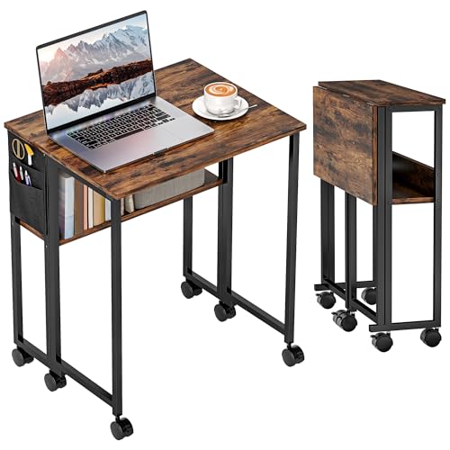 HOMCOM Folding Desk with Storage Shelf and Bag, 63 cm Foldable Computer Desk for Small Spaces, Space Saving Writing Table on Wheels for Home Office, Bedroom, Easy Assembly, Rustic Brown