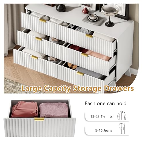 Image of Wodeer 6 Drawer Fluted Dresser for Bedroom, Mid Century Modern Dresser with 6 Drawers, Dressers & Chests of Drawers with Metal Handle, TV Stand & Storage Organizer for Entryway, Hallway, White