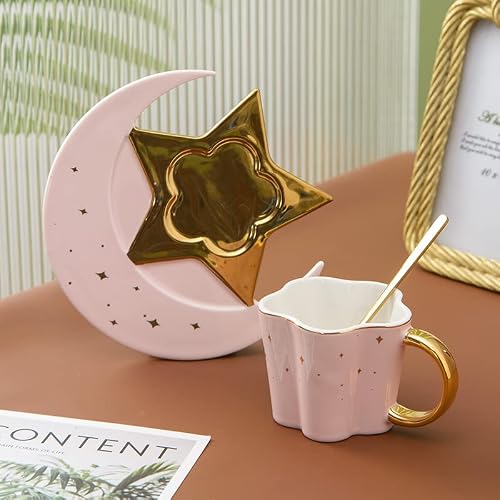 Creative Ceramic Star Moon Coffee Cup And Saucer Set With Spoon Golden Handle Mug Afternoon Tea Cup Juice Water Drinks Cup Gift #TOP3