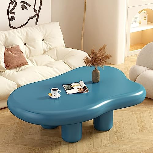 Mesa de centro moderna irregular con diseño de dibujos animados, mesa auxiliar redonda de madera azul con 4 patas, esquina gruesa para sala de estar y dormitorio, 39 x 27 x 12 pulgadas