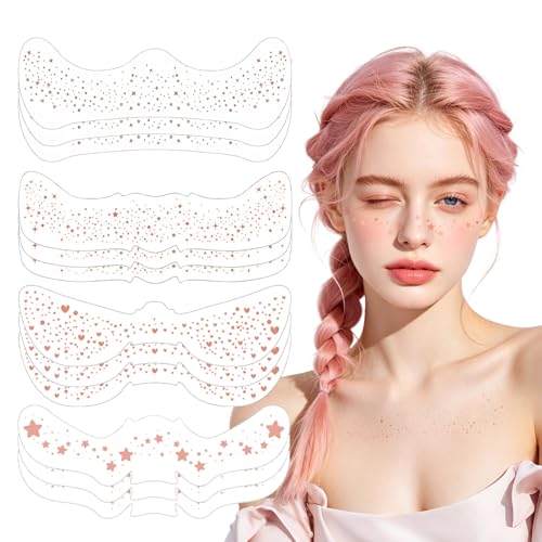 Sularpek Pack de 12 Autocollants Visage Taches de Rousseur Rose Doré, Tatouages Temporaires Doux pour la Peau, 4 Designs pour Soirée, Concert, Carnaval et...