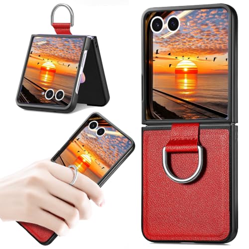 Étui Galaxy Z Flip 8 Ysnzaq en cuir PU rouge avec anneau de support antichoc