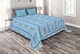 Couvre-lit bleu, piscine à thème de compétition sportive avec images de pictogramme aquatique de voies, ensemble de couvre-lit matelassé décoratif 3 pièces avec 2 couvre-oreillers, blanc aqua