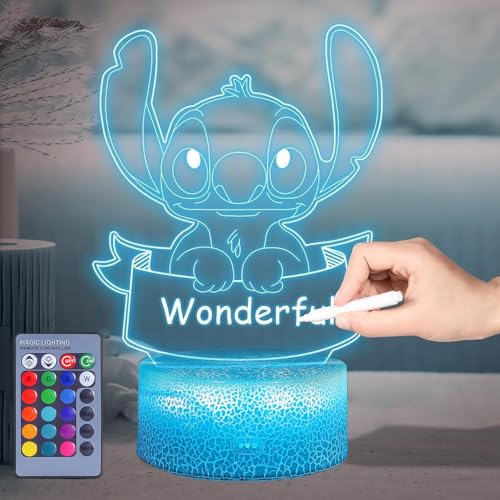 Candeeiro Stitch 3D LED luz noturna infantil, 16 cores, controlo remoto e controlo tátil, DIY personalizável com 2 marcadores para escrever mensagens e desenhar, Stitch Merch decoração quarto