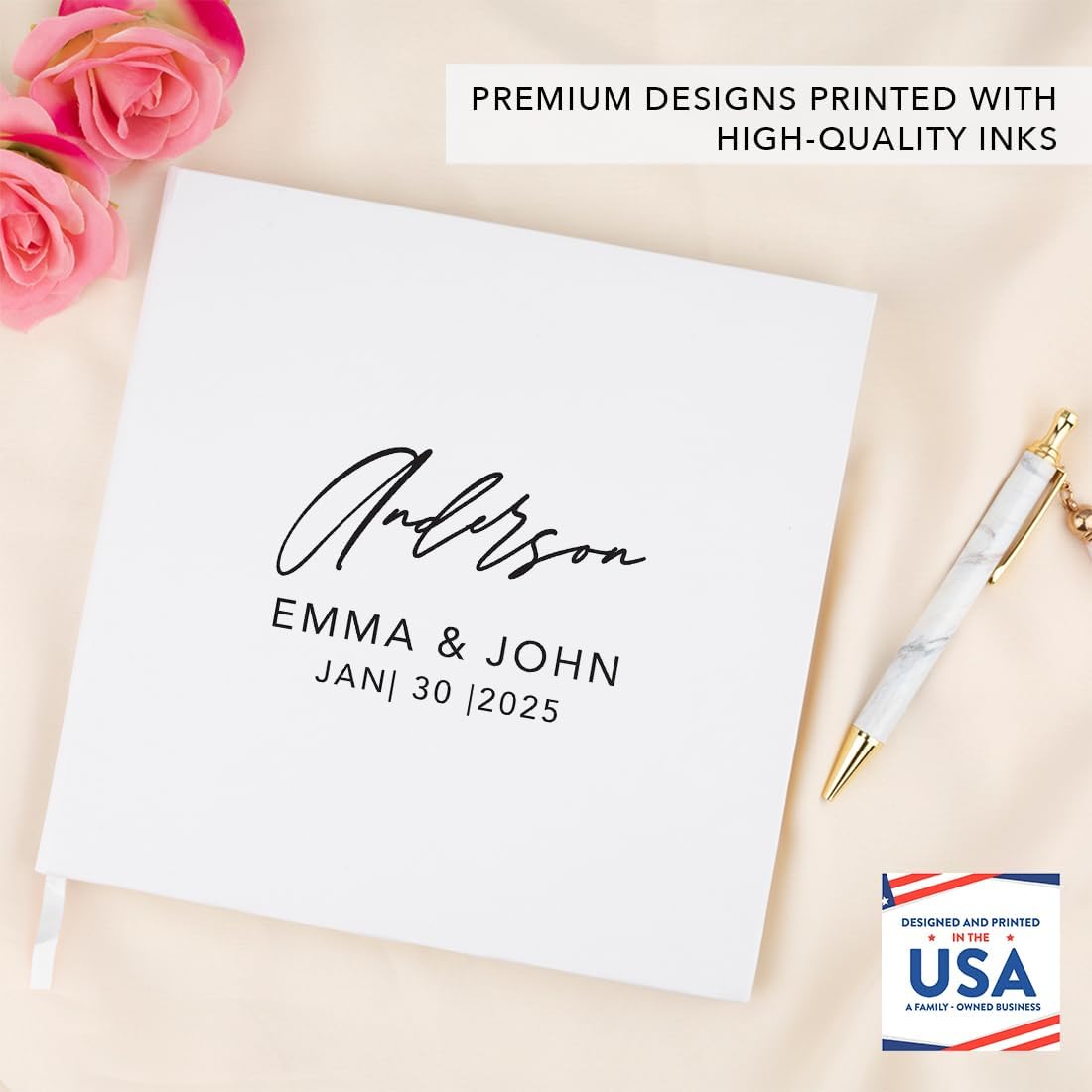 Andaz Press Personalized Wedding Guestbook with Gold Accents, Modern Custom Guestbook for Wedding, White Guest Sign-in Registry, 120 Pages 8.5" X 8.5" Memories Book for DIY Scrapbook Photo Album