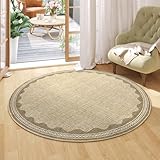 Scalloped Jute Print 4 ft Round Rug Washable Non-Slip Soft Ultra-Thin Small Circle Modern Cottage Core Solid Tan Carpet for Entryway Kitchen Bedroom Nursery Dining Room Tan