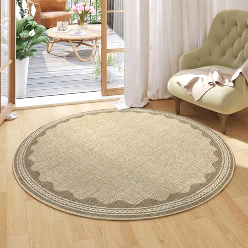 Scalloped Jute Print 4 ft Round Rug Washable Non-Slip Soft Ultra-Thin Small Circle Modern Cottage Core Solid Tan Carpet for Entryway Kitchen Bedroom Nursery Dining Room Tan