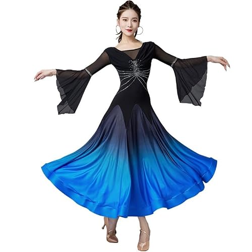 Image of HEARTTOUCH Women's Waltz Modern Tango Dress - Long Sleeve Ballroom Dance Dress for Competition, Blue, M